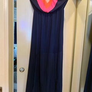 Flying Tomato Navy Maxi Dress with Pink and Coral Accent
